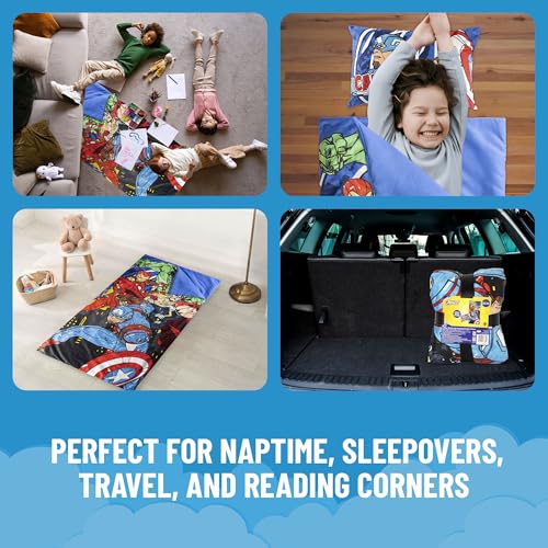 Image of Jay Franco Kids Slumber Bag and Pillow - 54 x 27 Inch Comfy Indoor Sleeping Bag for School and Sleepovers, 2 Piece Set, Blue - Avengers