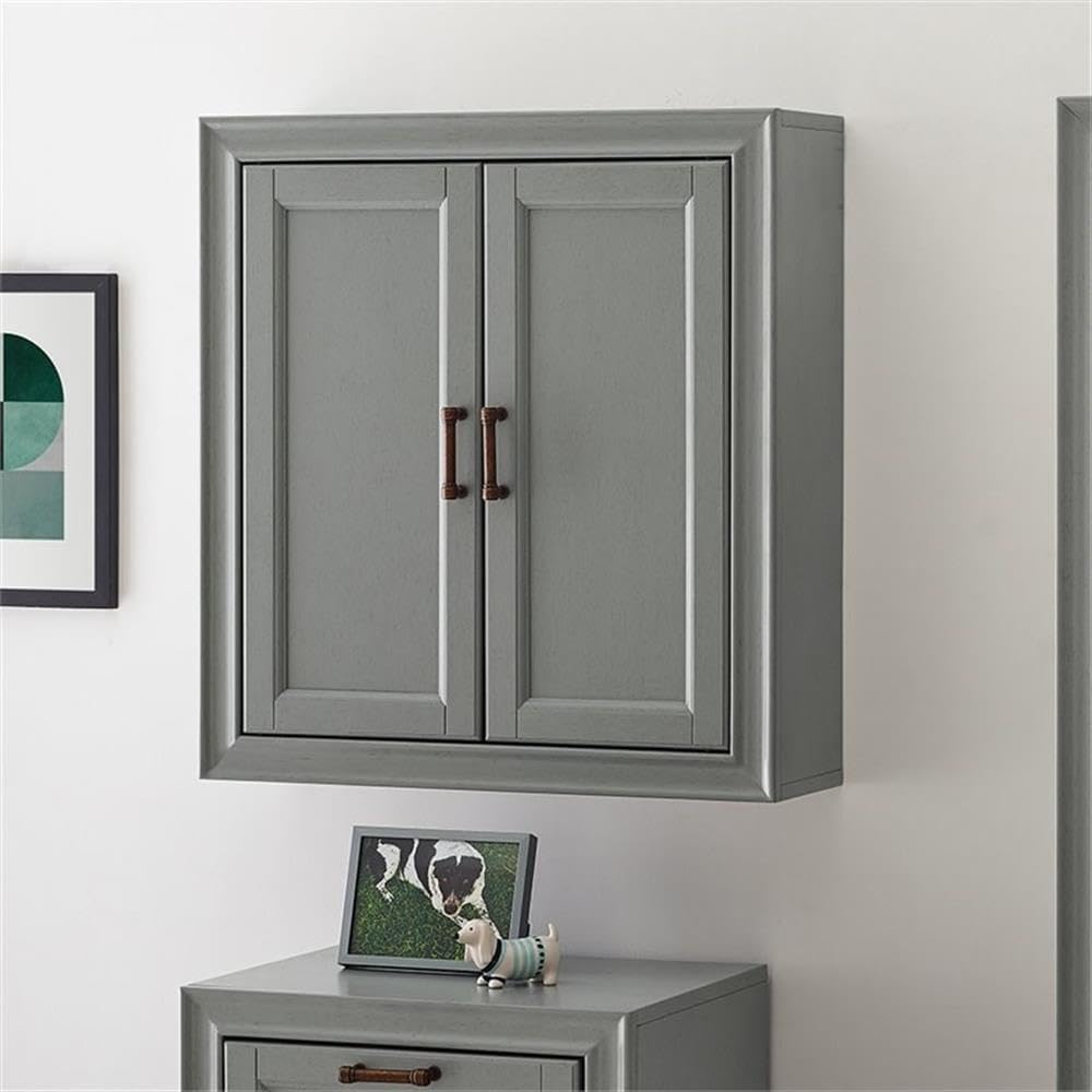 Pemberly Row Transitional Medicine Cabinet, 26" H x 23.75" W x 8" D, Birch Veneer and Solid Wood, Vintage Gray Finish, 2-Door Wall Mount with Adjustable Shelves, Modern Farmhouse Bathroom Storage