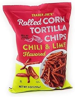 Trader Joe's Chili & Lime Rolled Corn Tortilla Chips, 9 oz Bag - Light & Crispy Artisan Style Rolled Tortilla Chips, Zesty Seasoning, Gluten Free, Vegan Snacks, Perfect for Salsa & Dips - Pack of 1