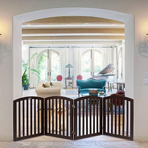 Bonnlo 76cm Freestanding Pet Gate with 4 Foot Supporters for Dogs Puppy Indoor Staircase Doorway Configurable Folding 4 Panel Indoor Wood Doggy Fence/Divider, 207cm W, Brown