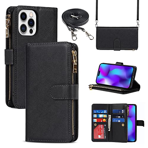 Étui portefeuille iPhone 14 Pro Cavor en cuir noir avec cordon et porte-cartes zippé