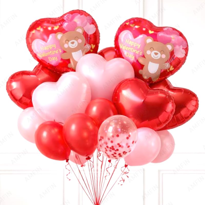 Image of AMFIN (Pack of 14) Happy Valentine's Day Balloon Decoration Set | Romantic Heart Foil Bouquet Metallic Helium Bunch Proposal Anniversary Celebration Party Decor - Red Teddy