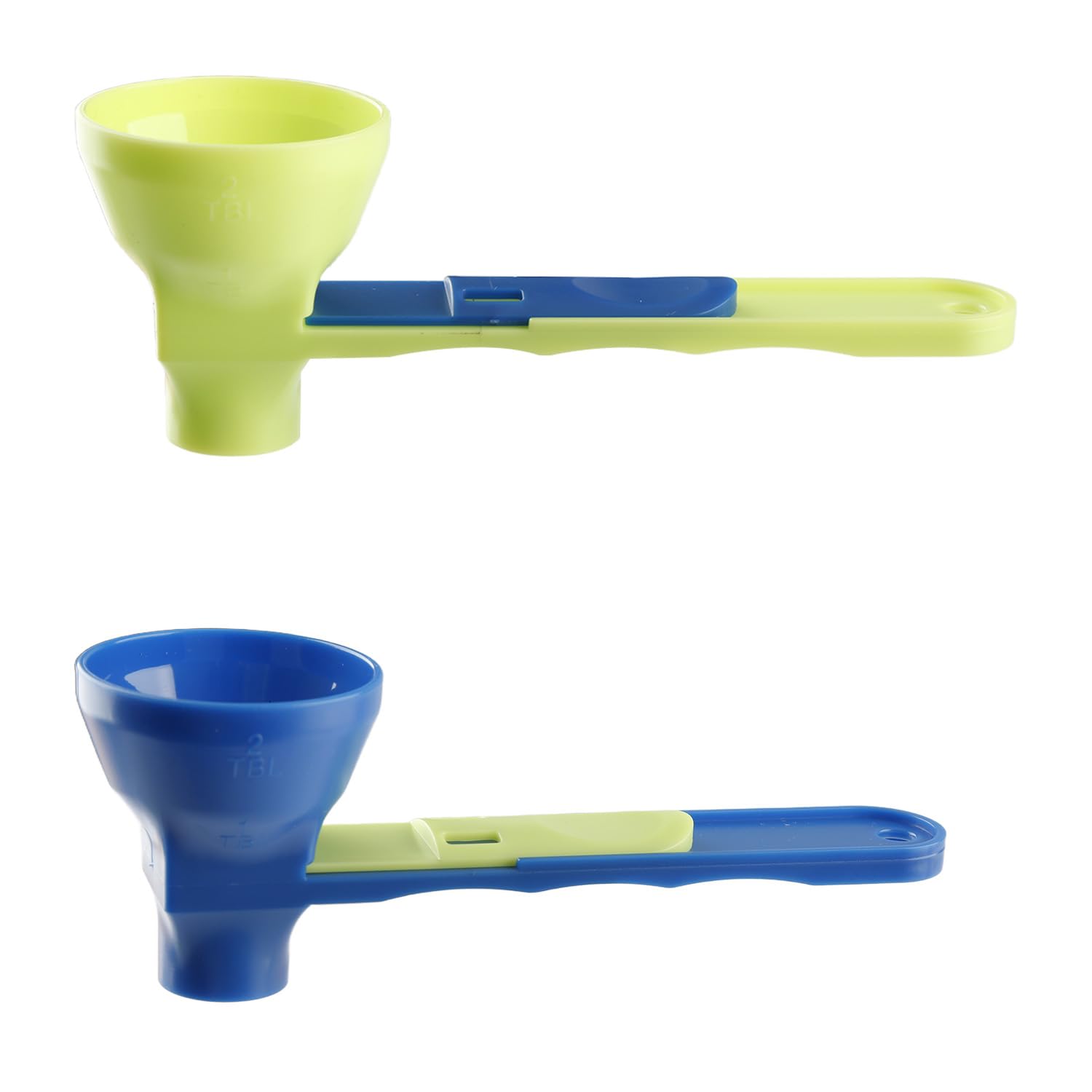 Wellrun 2pcs 2 in 1 Slide Protein Powder Funnel Scoop,Anti-Spill Precise Measuring Tool for Gym & Kitchen Supplements(Green & Blue)
