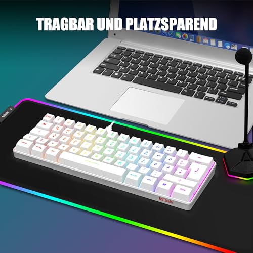 RedThunder 60% RGB bedrade gamingtoetsenbord- en muisset, 7200 DPI, mini-gamingtoetsenbord, 62 toetsen, DE-indeling, ultralichte muis met honingraatconstructie voor pc, MAC, PS5 en Xbox-gamers (wit).