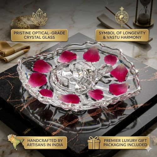 Image of SAUDEEP INDIA Crystal Turtle with Leaf Tray for Home Decor | Vastu Feng Shui Tortoise with Plate for Good Luck | Wealth & Prosperity Table Accent | Gift for Home & Office-16x11x3 cm
