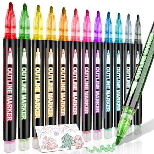 swihorab 12 Colors Outline Markers Stocking Stuffers Double Line Glitter Marker Pens Shimmer Markers for Christmas Greeting Cards Outline Pens Art Supplies for Scrapbook Crafts DIY Art Crafts