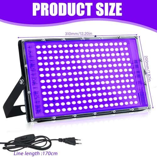 BAIFULAI UV Schwarzlicht Strahler 200W, 216 Lampenperlen Schwarzlicht LED, IP65 Wasserdicht Schwarzlichtlampe mit Stecker für Disco, Glow Party, Bühnenbeleuchtung, Halloween Deko, Party Zubehör,