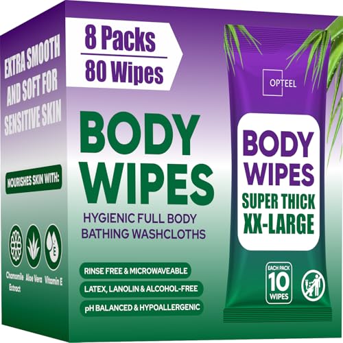 OPTEEL Thick & Large Body Wipes for Adults Bathing No Rinse – Shower Wipe, Ideal for Men, Women & Elderly – Soft & Gentle, Travel Wipes Perfect Alternative to Shower – 8 Packs (80ct)