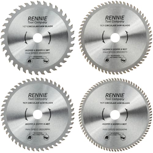 4 x Rennie Tools 160mm x 20mm Bore (16mm ring) Circular Wood Saw Blades For Festool TS55 Makita Bosch Ryobi Dewalt Circular Saws etc. 160 x 36T, 48T 60T & 80t. TCT Carbide Tipped