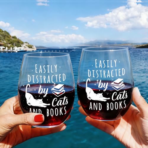Bookish Wine Glass Gifts for Women Cat Book Lovers, Easily Distracted By Cat And Books glass, Funny 15oz Wine Glasses Birthday Christmas Reading day Gift for Her, Him, Readers, Bookworm, Librarians-48 by QHLLWT - Used condition - Image 6
