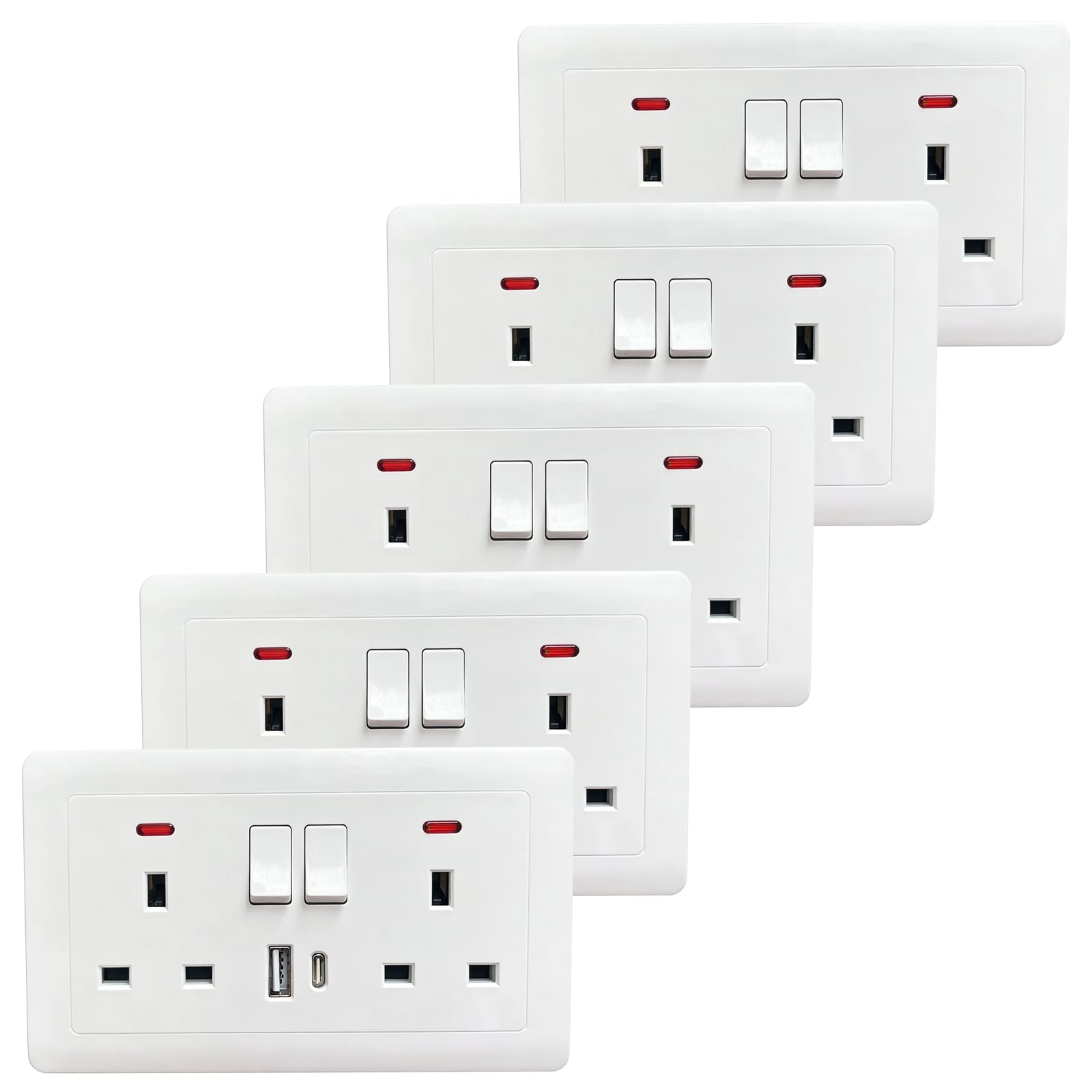 Double Socket With Dual USB Charging Ports (Type A and C), Double Plug Sockets Wall Socket With LED Indicator, Double Socket PC Wall Plate Outlet With Secure Locking Mechanism, White, 13A (5 Pack)