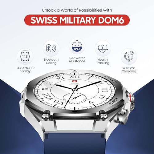 Image of Swiss Military DOM6 Smartwatch 1.43 inch AMOLED, Bluetooth Calling, Multi Language, Health & Sports Tracking, Wireless Charging, 7 Days Battery, IP67, iOS /Android Compatible,Silver Frame with Blue Strap