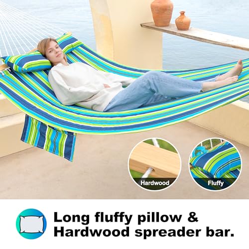 Image of GAFETE Hammock 2 Person Quilted Fabric Hammocks for Outside, Double 12ft Hammocks with Spreader Bar, Large Removable Pillow, Storage Bag, Carabiners, Max 475 lbs Capacity (Garden)