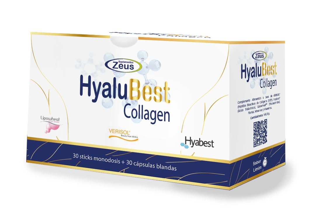 HYALUBEST COLLAGEN Suplementos Zeus Complemento Avanzado para Piel, Cabello y Uñas con Péptidos de Colágeno, Ácido Hialurónico y Antioxidantes, 30 sobres + 30 cápsulas blandas