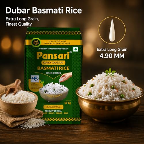 Image of Pansari Daily Dubar Basmati Rice 10 Kg With Biryani Masala- Long Grain, Aromatic & Flavorful - Fortified with Iron & Vitamins - Ideal for Daily Cooking - Perfect for Biryani, Pulao, and Khichdi