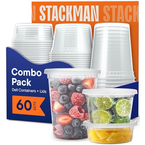 Stack Man [60-Sets] Plastic Deli Food Storage Containers with Airtight Lids Combo Set | 32 oz | 16 oz | 8 oz. | Disposable Plastic Takeout Containers for Soup - Freezer Microwave and Dishwasher Safe