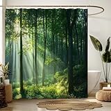 NYCCSM Green Forest Shower Curtain Nature Tree Plant Summer Sunset Sunshine Rustic Scenery Landscape Fabric Bathroom Decor Sets with Hooks,71W x71H