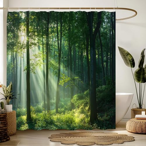NYCCSM Green Forest Shower Curtain Nature Tree Plant Summer Sunset Sunshine Rustic Scenery Landscape Fabric Bathroom Decor Sets with Hooks 71W x71H