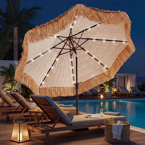 CroBlissful 9 ft Solar Tiki Umbrella with 32 LED Lights Hula Thatched Patio Umbrella UPF 50+ Hawaiian Style Beach Parasol for Garden Beach Pool and Backyard
