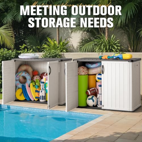 Image of Greesum Outdoor Storage Cabinet 30 CuFt, Resin Large Storage Box Weather Resistance with Lockable Doors, Easy to Assemble, Horizontal Storage Shed for Garden, Patio, Backyard, White (Without Shelf)