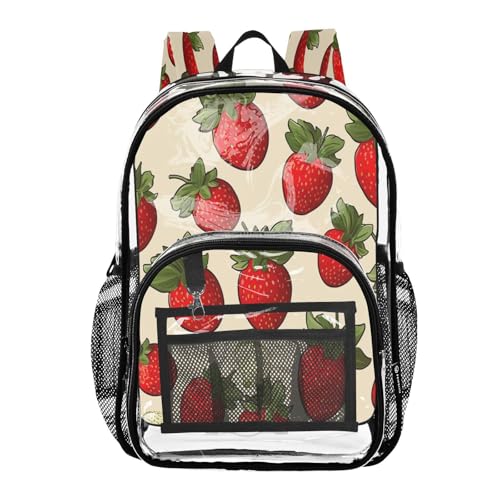 Strawberry Pattern Clear Backpack - Stadium Approved Large 15.7-inch Waterproof Transparent Bag for Sports, Concerts, Work, Travel#364