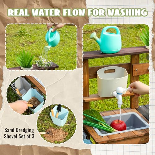 Outdoor Spielküche Gartenspielküche Matschküche Kinder Outdoor Mit Rädern, Wasserkocher, Spüle, Holzpflanzenbehälter, Kinderküche (Braun)