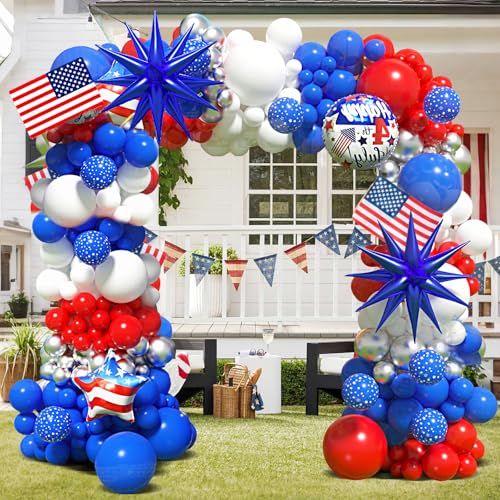 Image of 147Pcs Red White and Blue Balloon Garland Arch Kit with Silver Blue Exploding Star Foil Balloons for 4th of July Independence Day Patriotic Nautical Memorial Veterans Day Theme Party Decoration