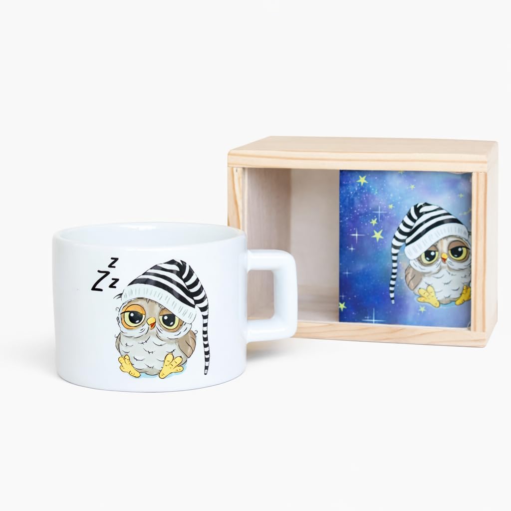 giftmoda Ahşap Kutusunda Sevimli Baykuş Kupa Bardak