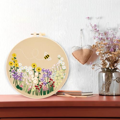 Image of Flowers Embroidery Kits for Beginners Adults, Floral Hand Embroidery Set Needlepoint Kits, Stamped Cross Stitch Kits for Beginners Adults, 2 Embroidery Hoops, Fabric, Thread (Attached Video Tutorial)