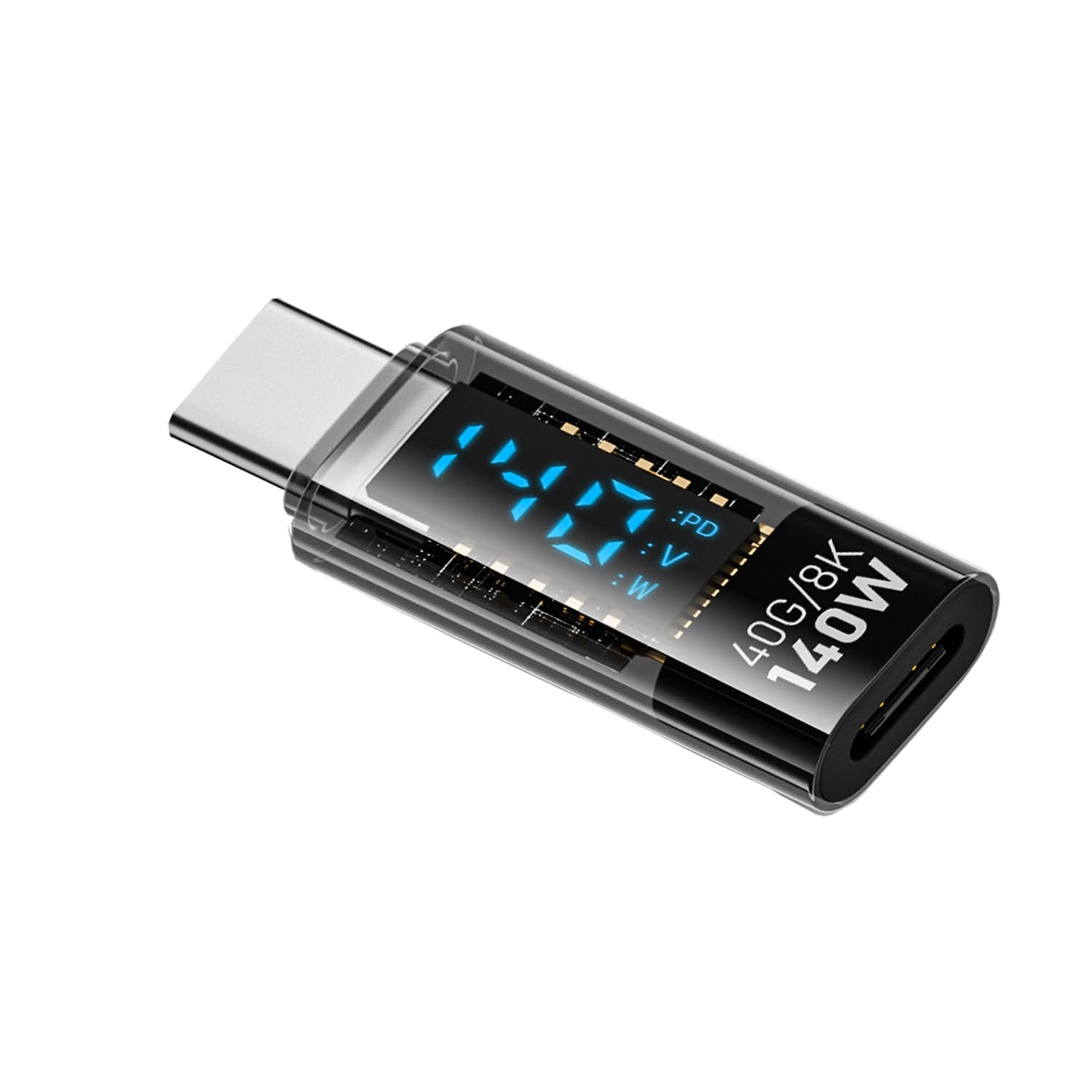 USB C Adapter, （1Pack） 140W Type C Female to USB C Male Extension Adapter USB-C Power Meter Tester with Digital LED Display for iPhone 15/Plus/Pro/Pro