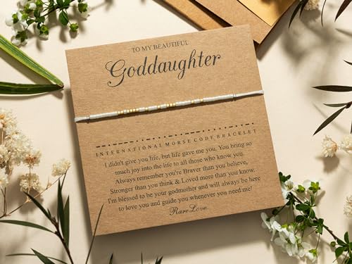 RareLove Goddaughter Gifts from Godmother Goddaughter Morse Code Beaded Bracelet Baptism Gifts for Girl, Gifts for Goddaughter First Holy Communion Gifts White Gold Pony Seed Tiny Beads, 3M25MS0043