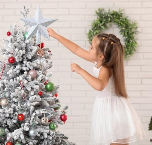 BUKCYUE Weihnachtsbaumspitze, Christbaumspitze in Stern-Form, Christbaum-Schmuck aus Kunststoff, Glitter Baum Stern, Baumspitze für Urlaub Ornament oder Home Decor, 20cm (Silber)