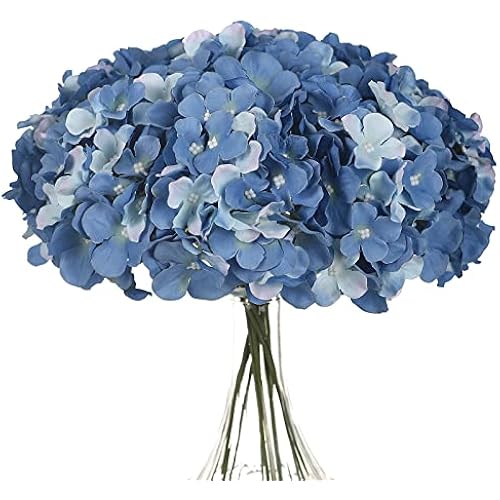 Silk Hydrangea Heads with Stems Artificial Flowers Heads for Home Wedding Decor,Pack of 10 (Sky Blue)