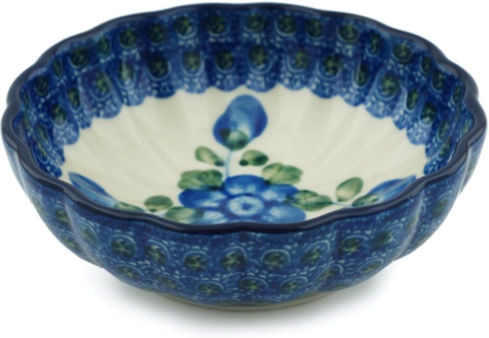 Polmedia Polish Pottery Scalloped Fluted Bowl 5-inch - Blue Poppies Pattern Handmade in Boleslawiec Poland by Ceramika Artystyczna + Certificate of Authenticity