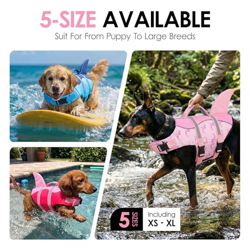 AOFITEE Schwimmweste Hund Groß, Ripstop Große Hundeschwimmweste Hai, Verstellbar & Ripstop Schwimmweste für Hunde mit Rettungsgriff, Rettungsweste Hunde Labrador Hundeweste Schwimmen, Rosa Wal, L