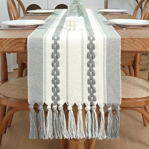 Alynsehom Braided Stripe Table Runner with Tassels, Boho Table Runner, Rustic Farmhouse Woven Table Decor for Bohemian Dining Living Room Bedroom Bridal Shower (Grey, 13" W X 72" L) Cover