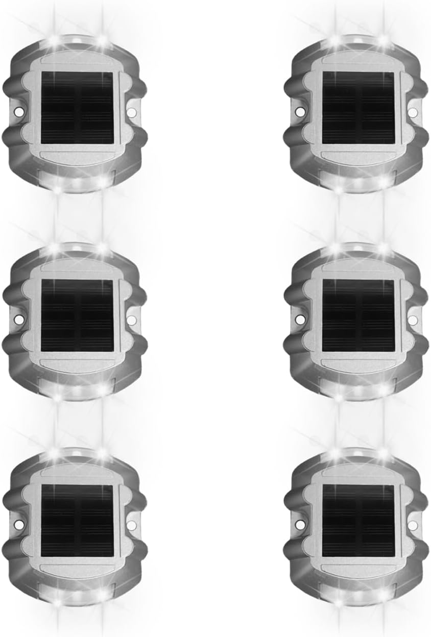 6 PCS LED Solar Deck Lights Outdoor Solar Step Lights, Aluminium Marker Lights for Warning, Solar Driveway Dock Lights for Stair Pathway Walkway Garden (6, White Flashing)