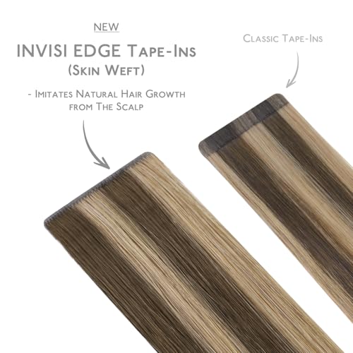 Image of WENNALIFE Invisi Edge Tape in Hair Extensions Human Hair,#4 /27,18 Inch | 18 Inch 50g 20pcs Balayage Chocolate Brown to Caramel Blonde Invisi Remy Hair tensions Seamless Injected Tape Ins Straight