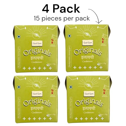 Image of Gud Gum- Natural, Plastic Free Chewing Gum- Clove, Cardamom, Fennel, Cinnamon- 21g x 4 - Mini Pack of 4- No added artificial colours, flavours & sweeteners (4 Packs, 60 chewing gums) Cardamom
