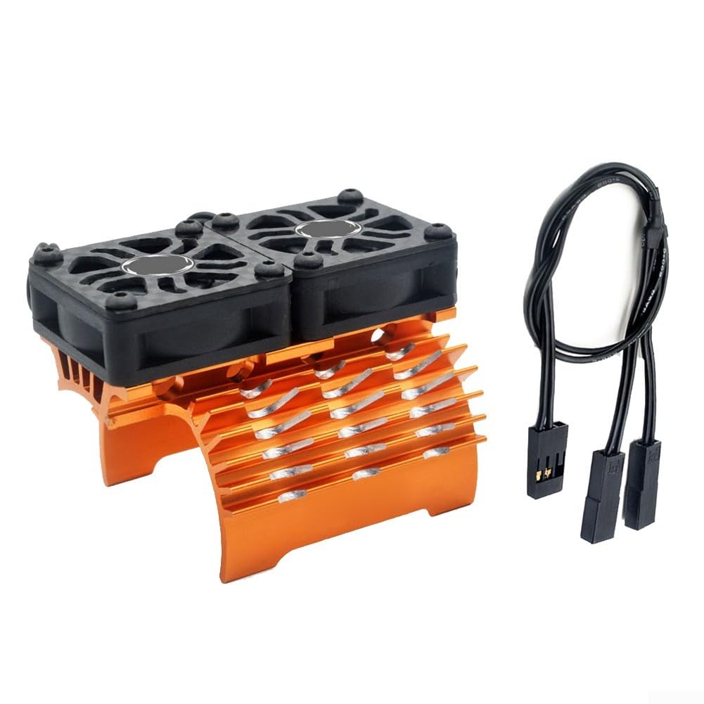 Dual Fan RC Motor Cooling Heatsink 40mm 42mm Brushless Motor Radiator 8.4V 27000RPM Aluminium Alloy Shroud with Extension Cable for RC Car Racing Parts(Orange)