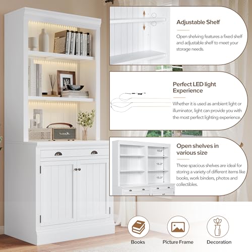 Image of 83.4 inch Tall Bookshelf Suite, Modern Bookcase Suite with 3 Pieces LED Lighting,Doors and Drawers,2-Piece Set Storage Bookcase with Open Shelves for Living Room,Home Office,White