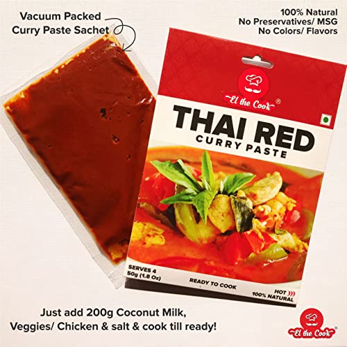 Image of EL The Cook Red Thai Curry Paste - Spicy | 100% Veg & Natural | Make Restaurant Style Chicken, Fish, Prawn, Vegetable, Tofu Thai Curry Fresh at Home | 50g Pack Serves 4-5 | Ready to Cook | Pack of 2