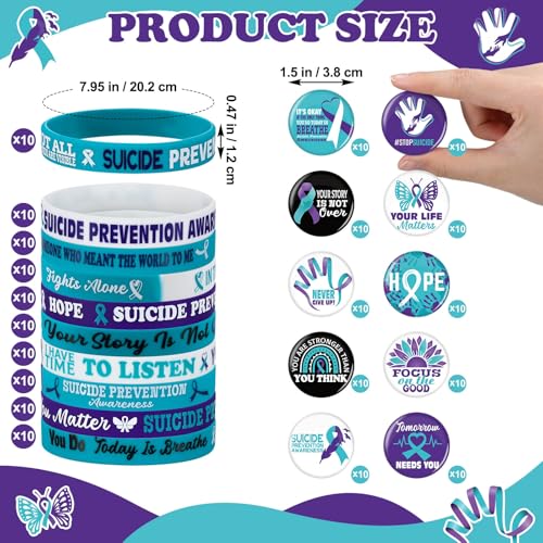 Remuuly 200 Pcs Suicide Prevention Awareness Accessories Set Include 100 Prevention Awareness Silicone Bracelet 100 Inspirational Pin for Teal and Purple Ribbon Week Mental Health Charity Supplies2