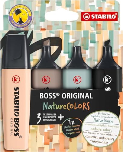 Marca Texto – STABILO BOSS ORIGINAL NatureCOLORS – Estojo com 4 unidades – Beige, Warm Grey, Earth Green, Preto