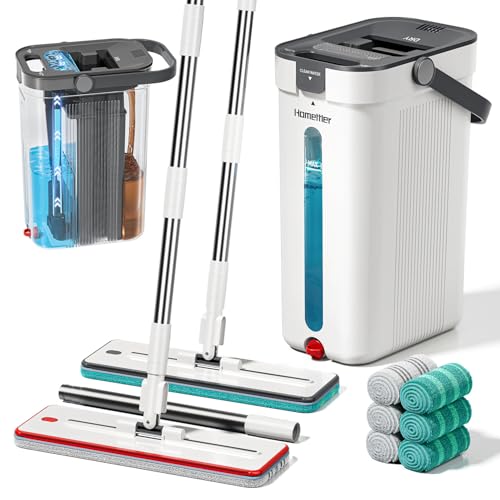 HoMettler Dual-Mop and Bucket Set, 3-Tank Flat Mop and Bucket System with Separate Dirty and Clean Water, Wall Cleaner Mop, Flat Mops for Floor Cleaning with 6 Microfiber Pads