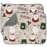 Hunken 2-Pack 15 x 20 Inch Christmas Dish Drying Mats, Absorbent Kitchen Drainer Pads with Santa, Snowman & Hot Cocoa Mug Designs, Large Beige Countertop Protectors for Holiday & Party Décor