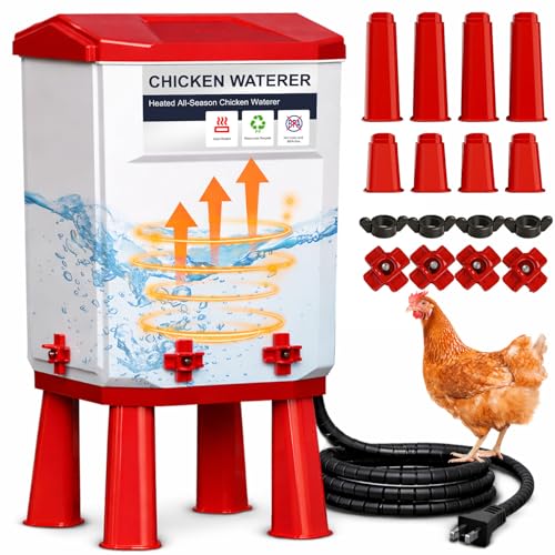 JELSVOP Heated Chicken Waterer 11L Winter Chicken Water Heater Bucket with 4 Nipple Drinkers Anti-Freezing Winter and Summer Dual-use Automatic Heated Poultry Drinker for Coop (Red)