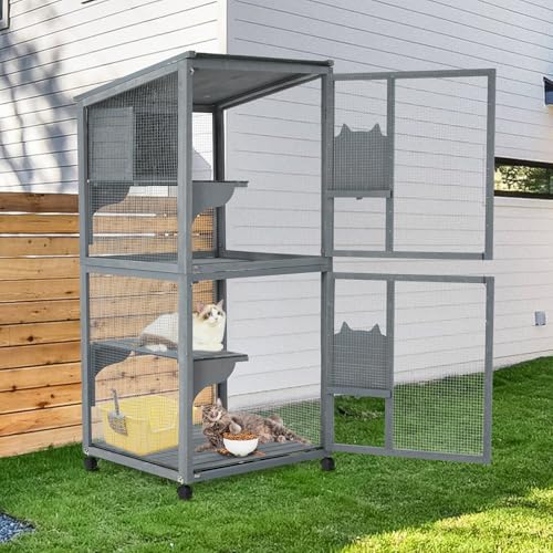 TROPOW 69\" Wooden Catio Outdoor Cat Enclosure, Indoor and Outdoor Catio with Waterproof Roof and Resting Boxes & Fixable Wheels