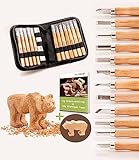 HOLZHELD Schnitzset und Schnitzrohling (14-teilig) mit Anleitung für 1 Schnitzprojekt & Holzrohling 11,5x7x3,5cm-Lindenholz-12 Schnitzmesser aus SKS9 Stahl