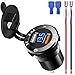BlueFire Upgraded Aluminum Alloy Quick Charge 3.0 USB Car Charger Socket & 2.4A USB Port IP66 Waterproof Dual USB Power Outlet with Voltmeter for Car Boat Marine Rv Motorcycle(Blue)
